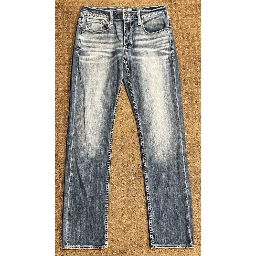 BKE Jake Straight Leg Blue Denim Jeans Size 33L 33x33 Whiskered Thick Stitch